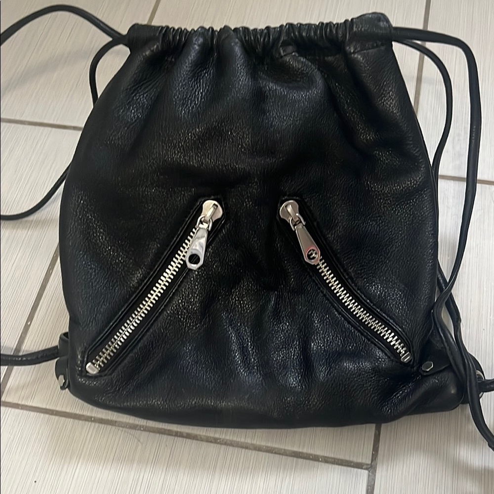 Rebecca Minkoff Black Leather Drawstring Backpack with Silver Zippers